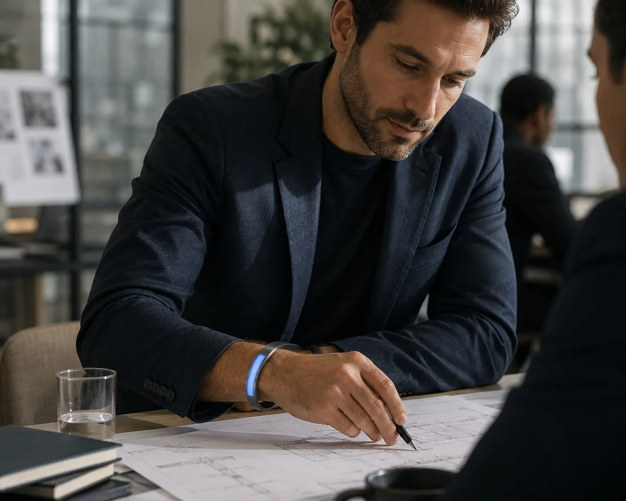 Man working at a desk while wearing a blue-illuminated JUVEIL bangle.