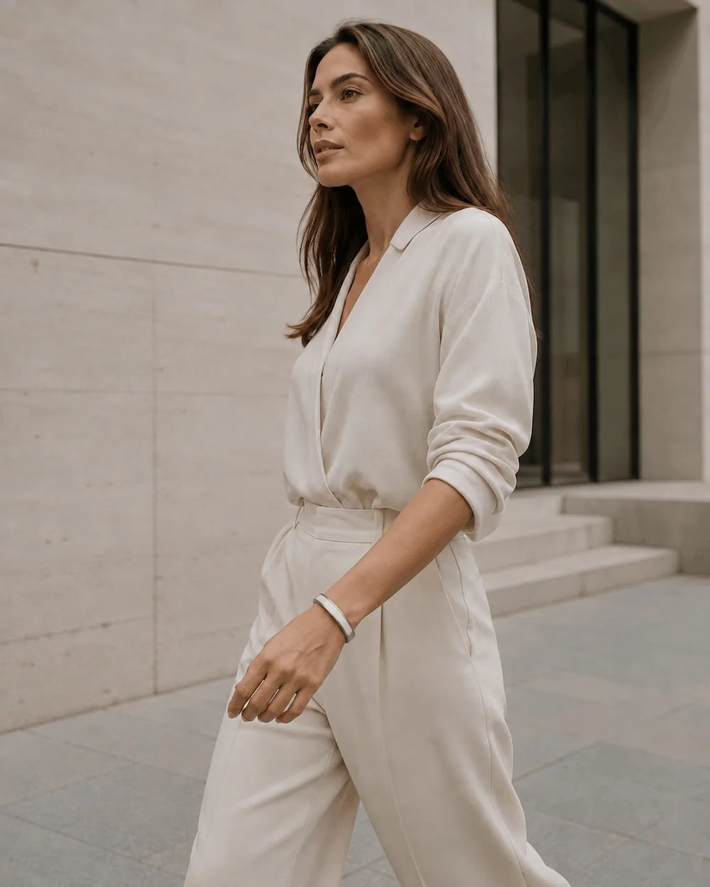 Woman walking through a light stone architectural setting while wearing an inactive JUVEIL bangle.