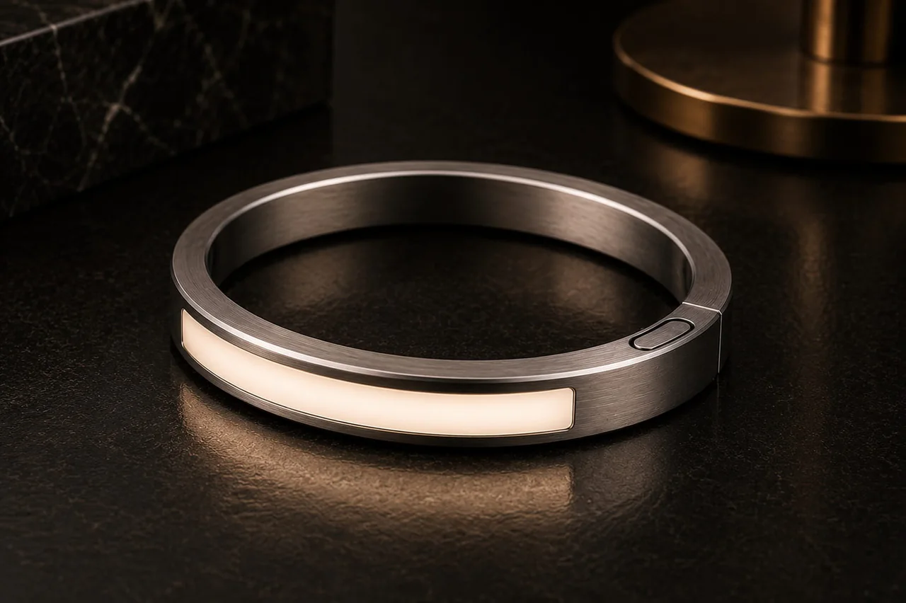 Inactive JUVEIL bangle with a continuous ivory signal inlay on a dark surface.