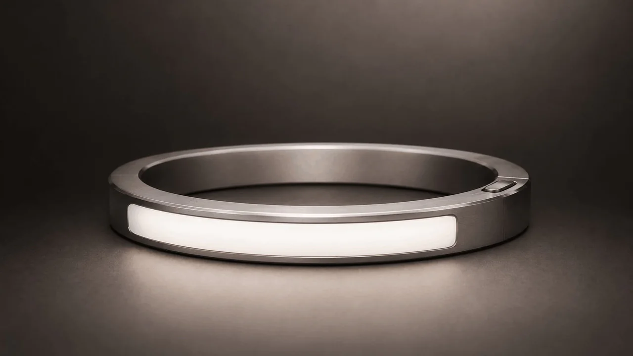 Inactive JUVEIL bangle with its continuous ivory signal surface on a dark stone background.