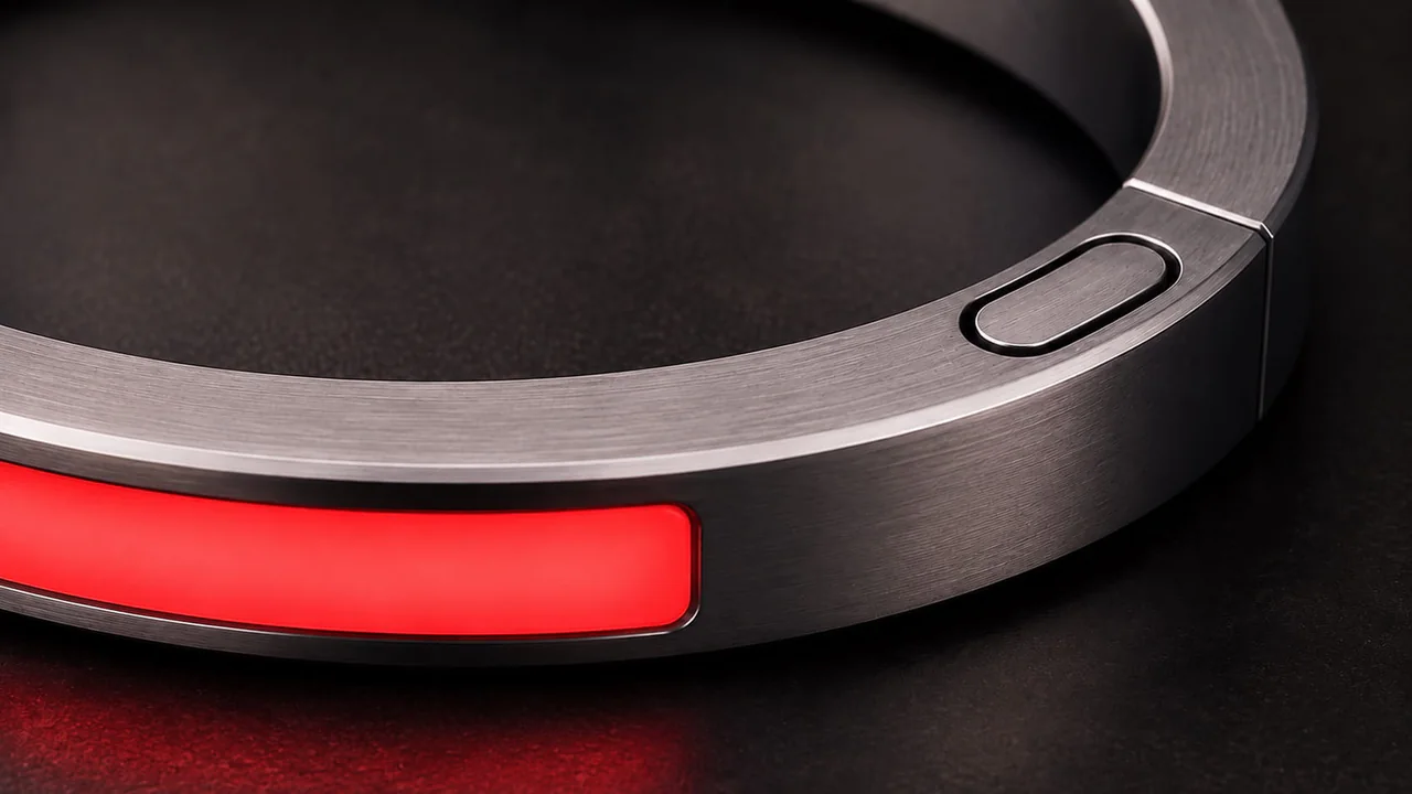 Close-up of a JUVEIL bangle with the continuous signal surface illuminated red on a dark studio surface.