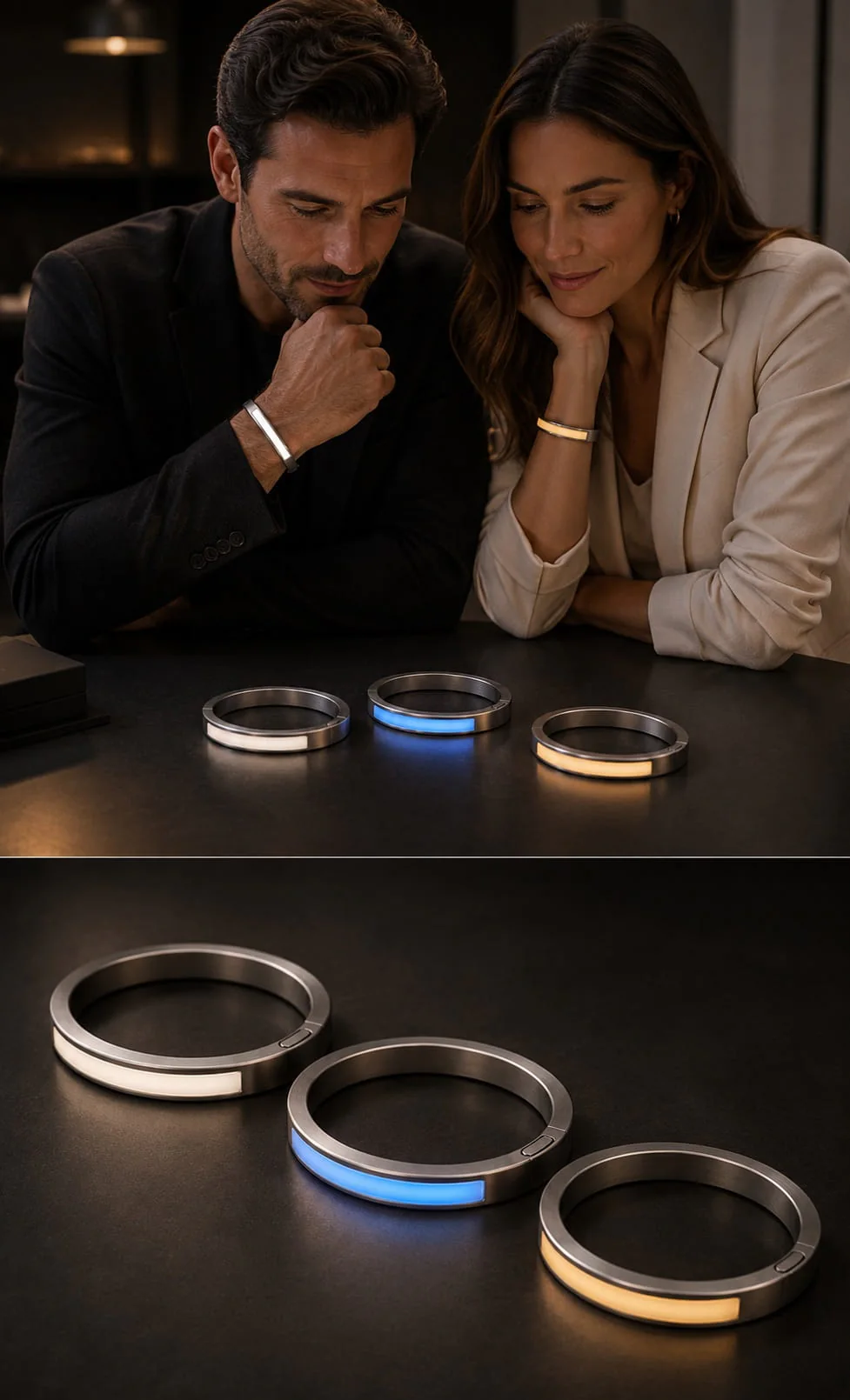 Two people examining JUVEIL bangles showing ivory, blue and yellow signals.