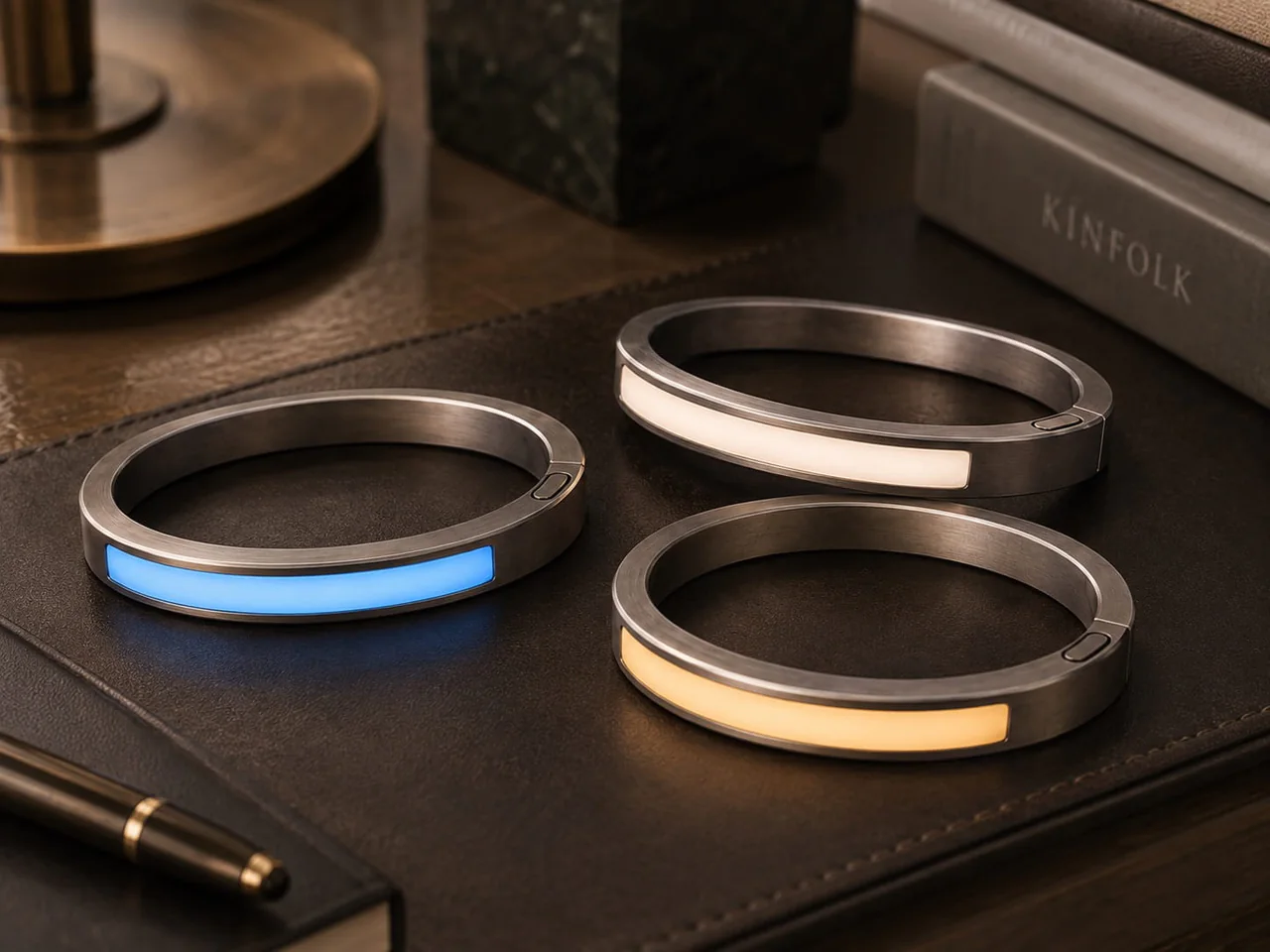 Three JUVEIL bangles on a desk showing blue, ivory and yellow signal states.
