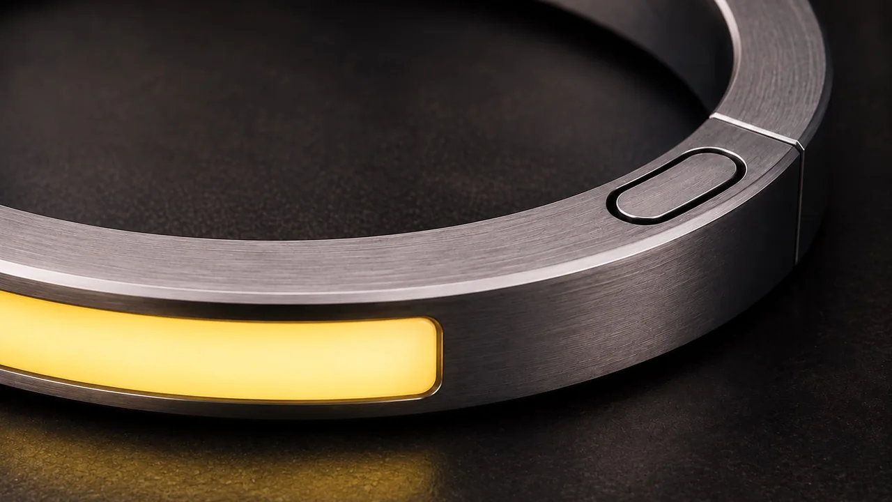 Close-up of a JUVEIL bangle with the continuous signal surface illuminated yellow on a dark studio surface.