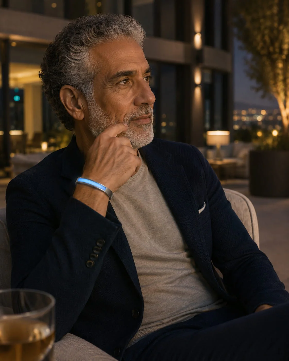 Woman wearing a blue-illuminated JUVEIL bangle in an evening setting.