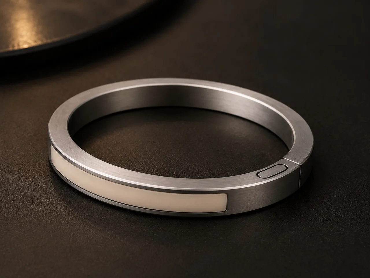 Inactive JUVEIL bangle on a dark surface, showing the continuous ivory signal inlay.